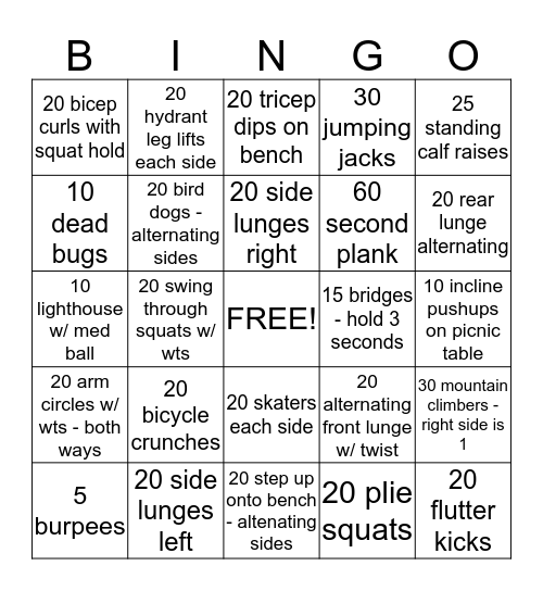 Booty Boot Camp Bingo Card