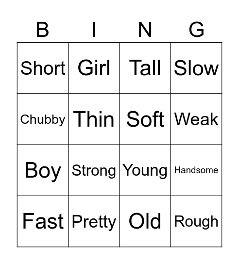 Adjetives Bingo Card