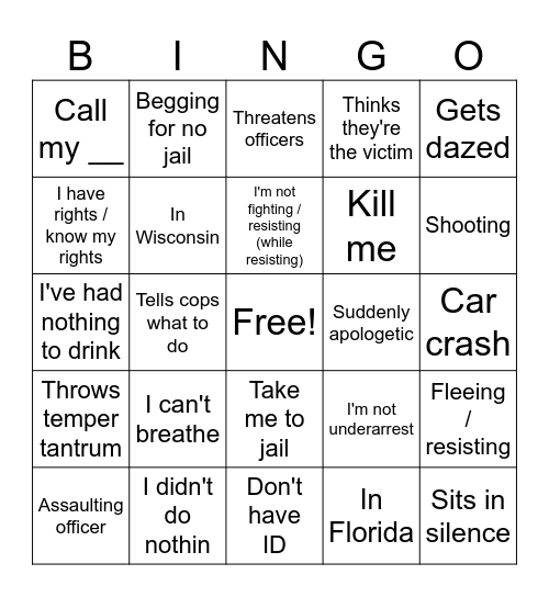 Bodycam Bingo Card