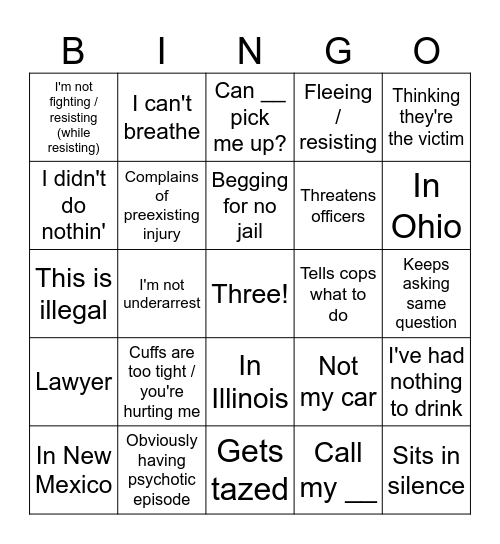 Bodycam Bingo Card