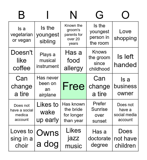 FIND THE GUEST BINGO Card
