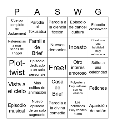 New Panty and Stocking with Garterbelt Bingo Card