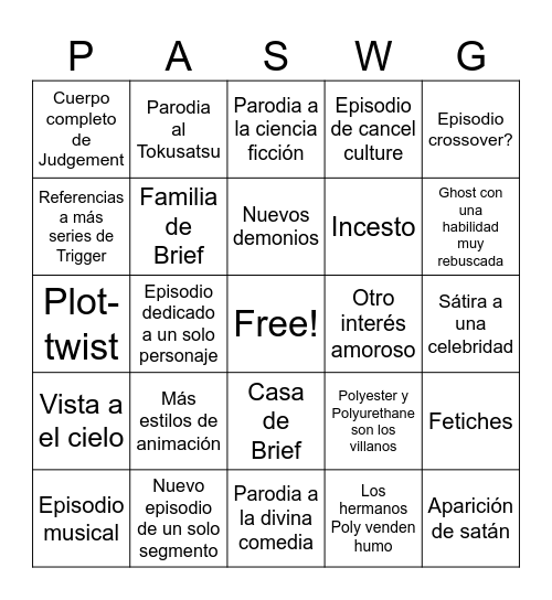 New Panty and Stocking with Garterbelt Bingo Card