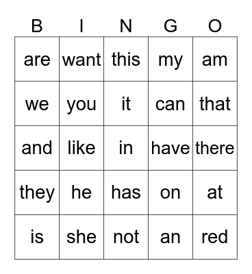 sight words Bingo Card