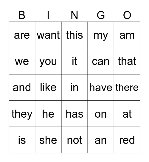 sight words Bingo Card