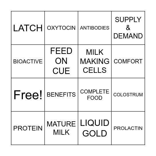 LACTATION BINGO Card