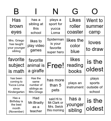 Classroom BINGO Card