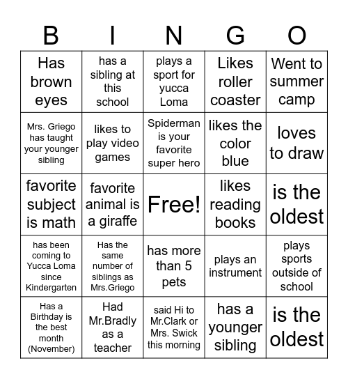 Classroom BINGO Card