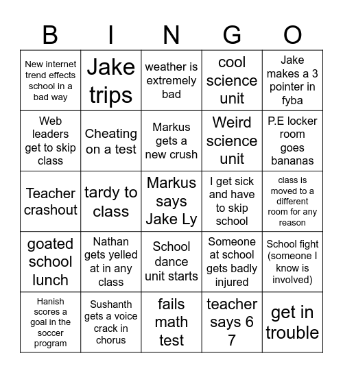 8th grade bingo Card