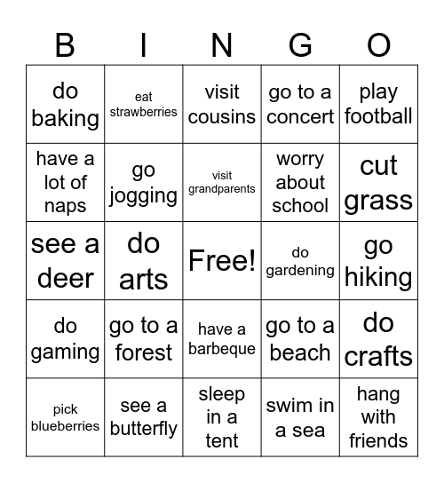Summer Holiday Bingo Card