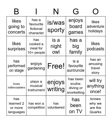 Quarks Bingo Card