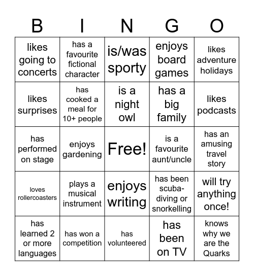 Quarks Bingo Card