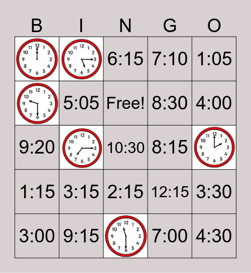 Telling Time Bingo Card