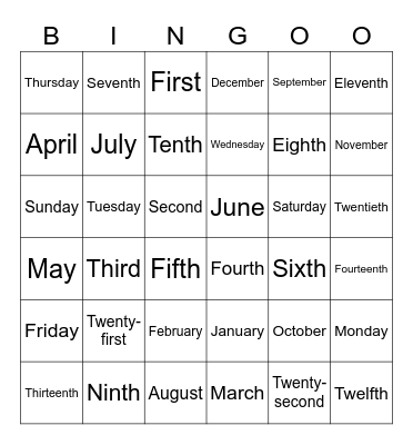 Ordinal Number, Days and Months Bingo Card