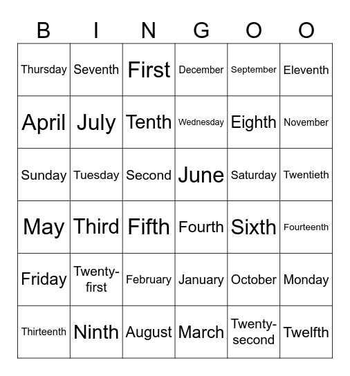 Ordinal Number, Days and Months Bingo Card
