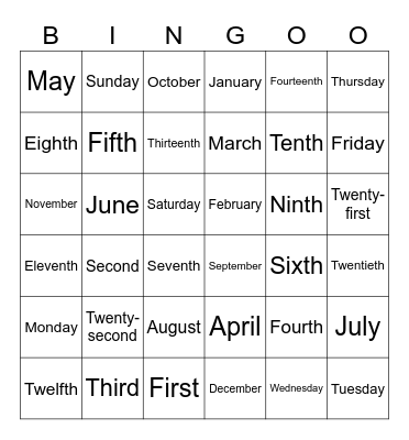 Ordinal Number, Days and Months Bingo Card