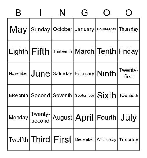 Ordinal Number, Days and Months Bingo Card