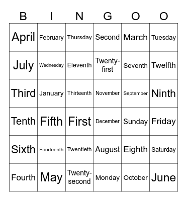 Ordinal Number, Days and Months Bingo Card