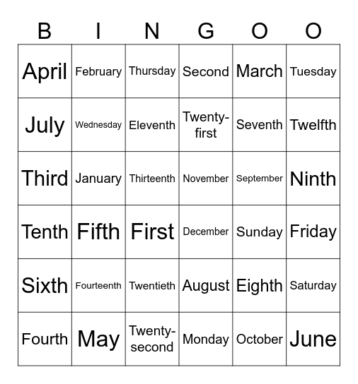 Ordinal Number, Days and Months Bingo Card