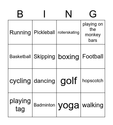 Activities I love Bingo Card