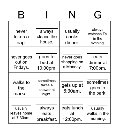 Present Simple Bingo Card