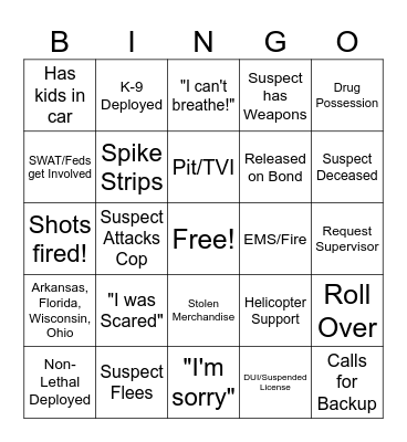 Police Cam Bingo Card