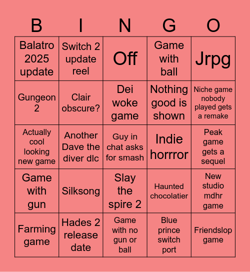 Indie world direct Bingo Card