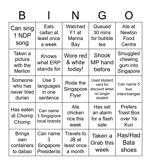 SINGAPOREAN Bingo Card