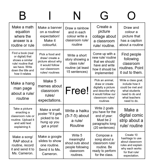 Classroom Routine BINGO! Bingo Card