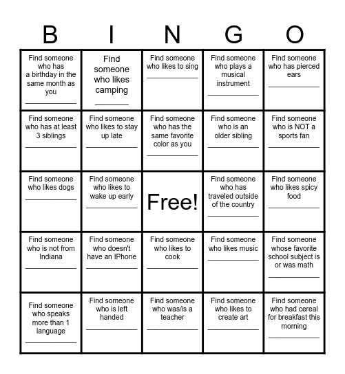 Find a Friend Bingo Card