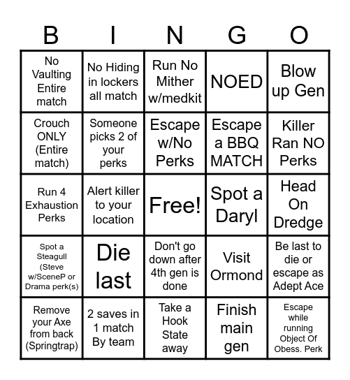 DBD Surivor Bingo Card