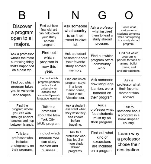 Study Abroad Bingo Card