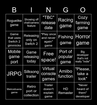 Nintendo Indie Direct Bingo Card