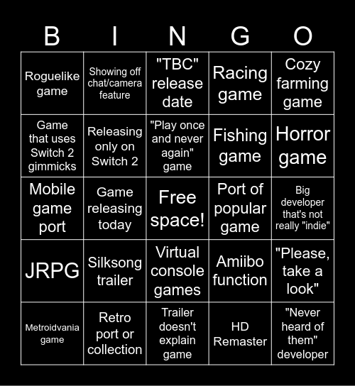 Nintendo Indie Direct Bingo Card