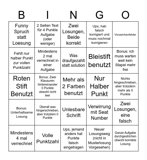 Klausurkorrektur Bingo Card