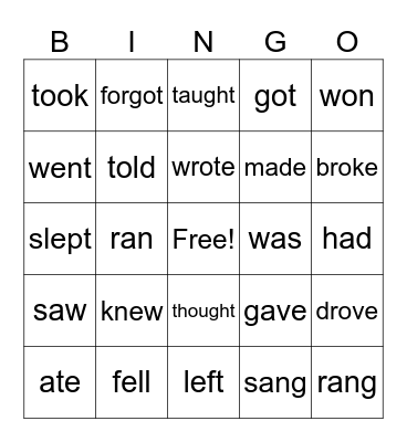 Irregular Verbs Bingo Card
