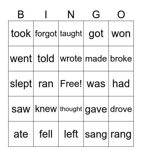 Irregular Verbs Bingo Card