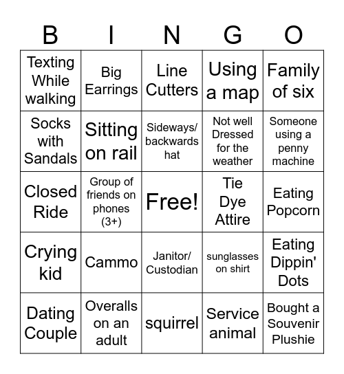 Theme Park Bingo Card