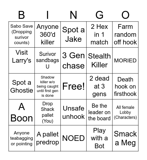 Surivor DBD Bingo Card