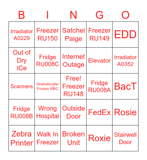 Hospital Services Bingo Card