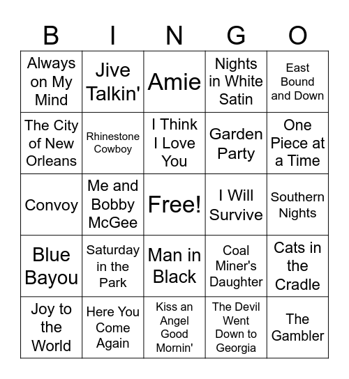 1970s Name that Tune Bingo Card