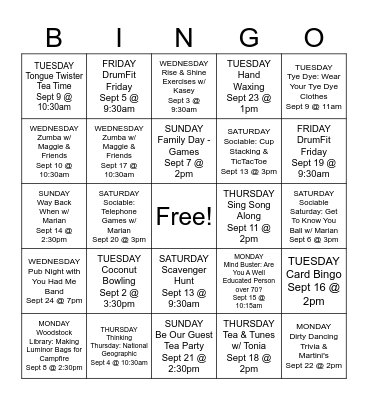 September Activities Bingo Card