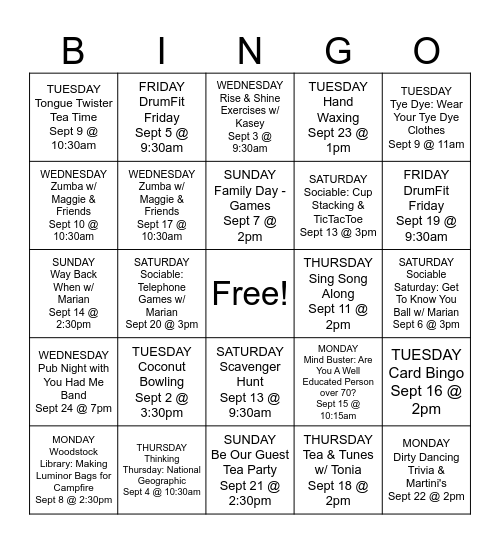 September Activities Bingo Card