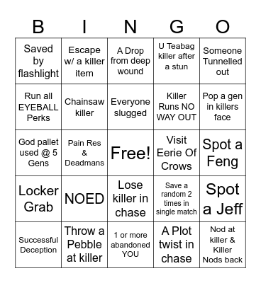 DBD SURIVOR Fam or Friends Bingo Card