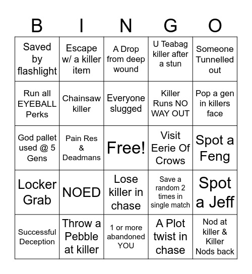DBD SURIVOR Fam or Friends Bingo Card