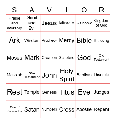 Middle School Bible Bingo Card