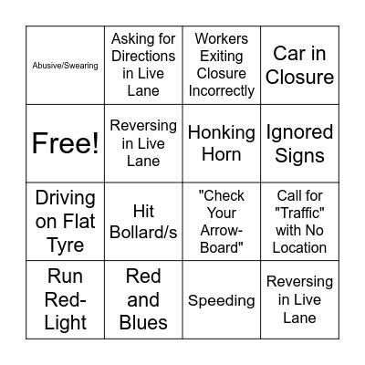 Traffic Bingo Card