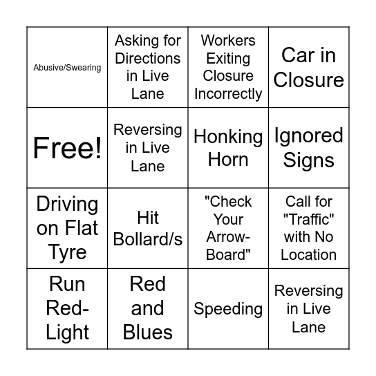 Traffic Bingo Card