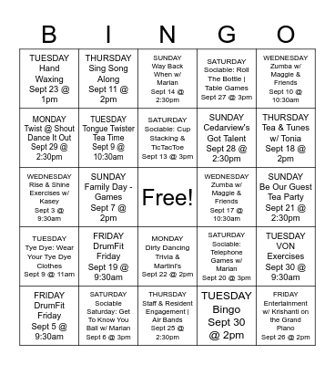 September Activities Bingo Card