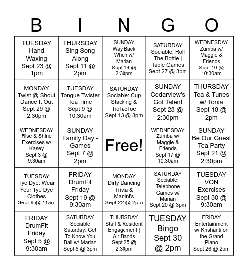 September Activities Bingo Card